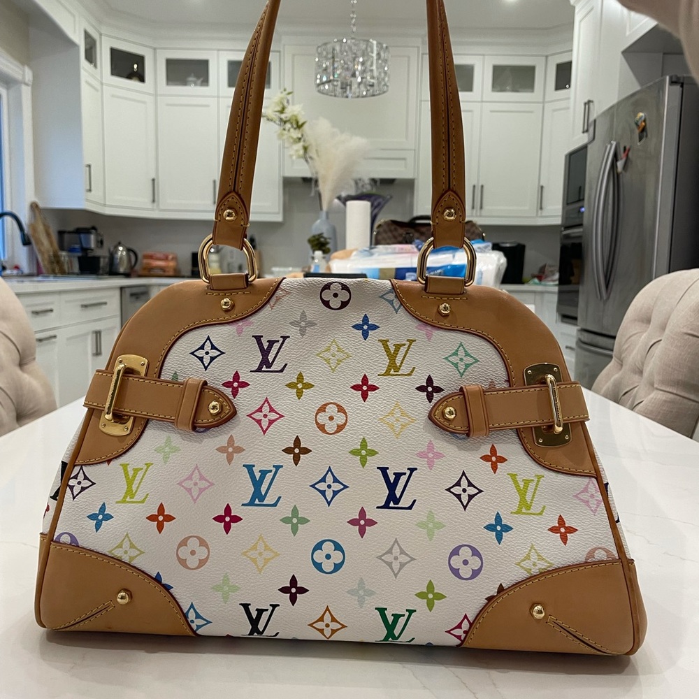 Louis Vuitton White Multicolor Monogram Canvas Shoulder Bag with Tan Leather